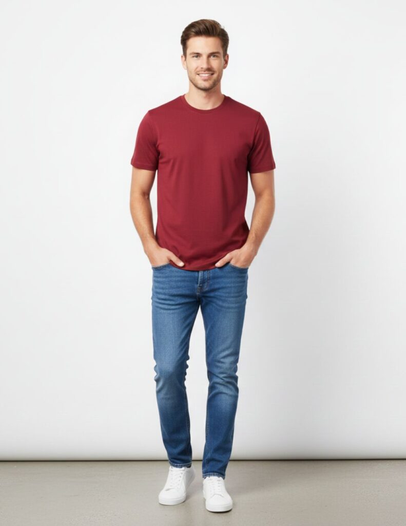 velvom-men-half-sleeve-tshirt-maroon-model-front