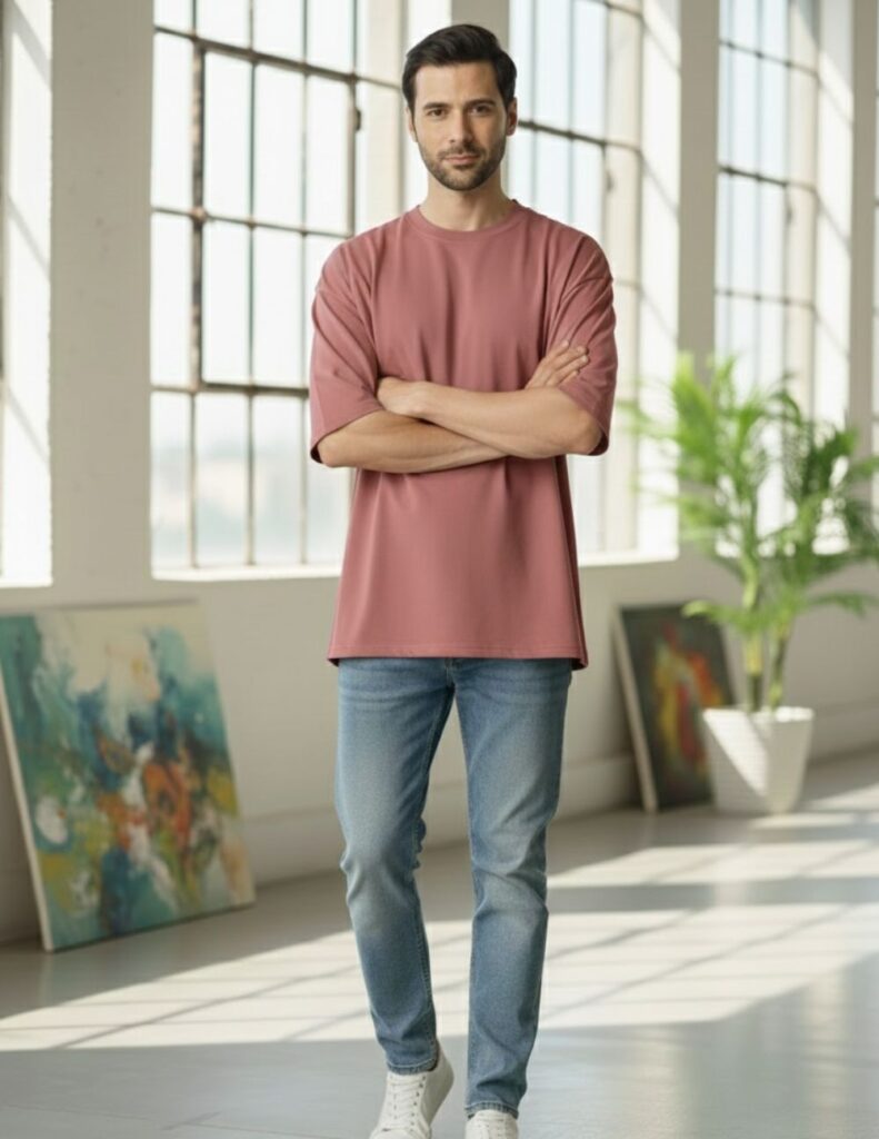 velvom-men-oversized-tshirts-onion-pink-model-standing