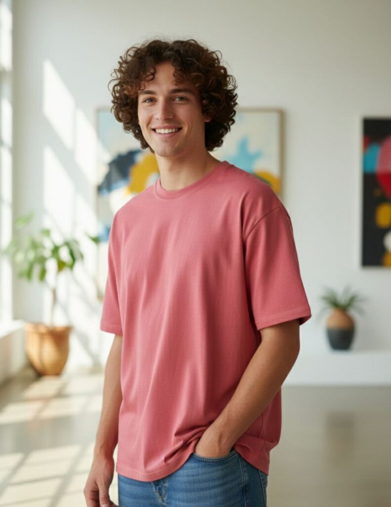 velvom-men-oversized-tshirts-punch-pink-model-front